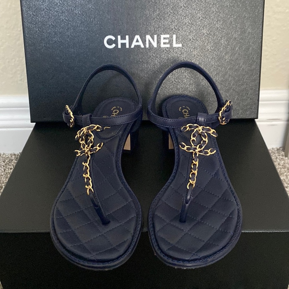 COPY - Chanel Lambskin Navy blue thong sandals